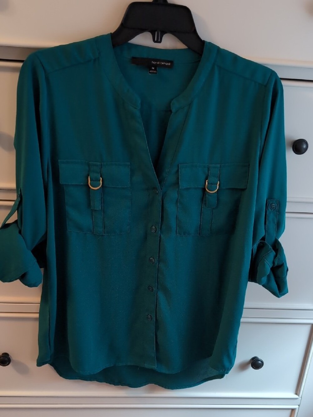 Teal Green Button-Front Utility Blouse